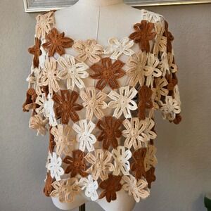 VTG Michael Seroy Crochet‎ Flower Top Brown Tan Open Knit Cottage Whimsical Med